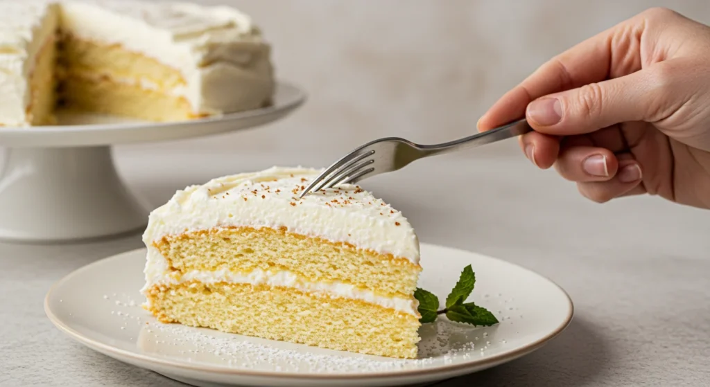 Keto Cloud Cake A hand holding a fork over a slice of Keto Cloud Cake on a white plate, with fluffy layers highlighted against a soft, blurred background.