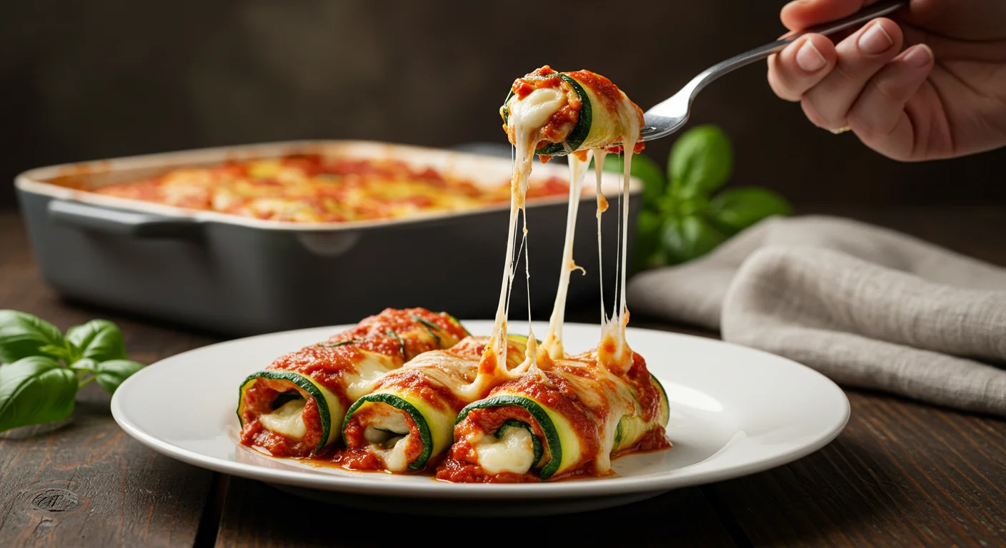 Zucchini Lasagna Roll Ups Plated Zucchini Lasagna Roll-Up on a white plate with a fork lifting a roll, cheese stretching, and soft lighting.