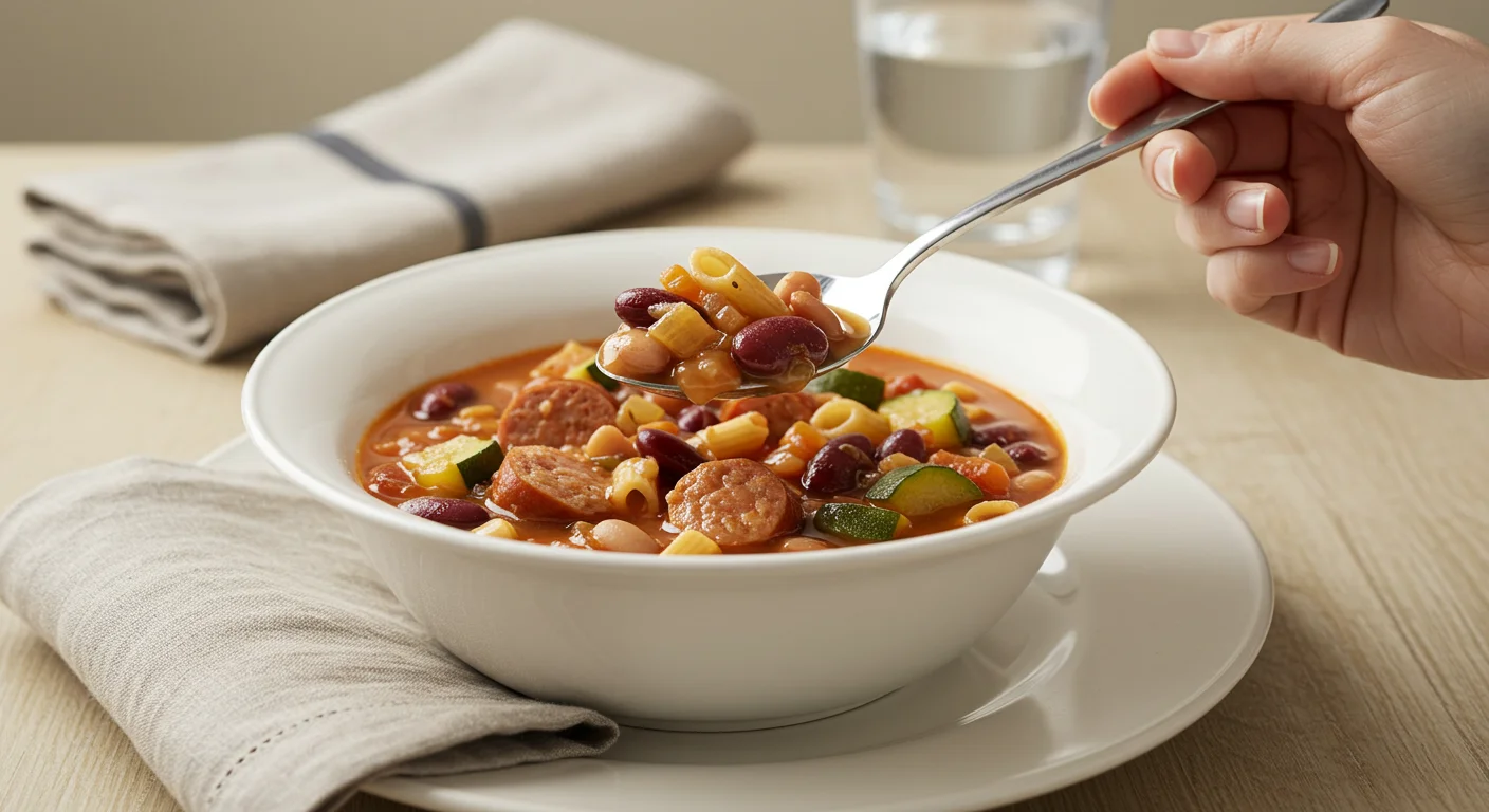 High-Protein Sausage & Kidney Bean Soup Hand holding a spoon scooping sausage and kidney bean soup from a white plate, with visible beans, zucchini, and pasta in a professional, elegant setting.
