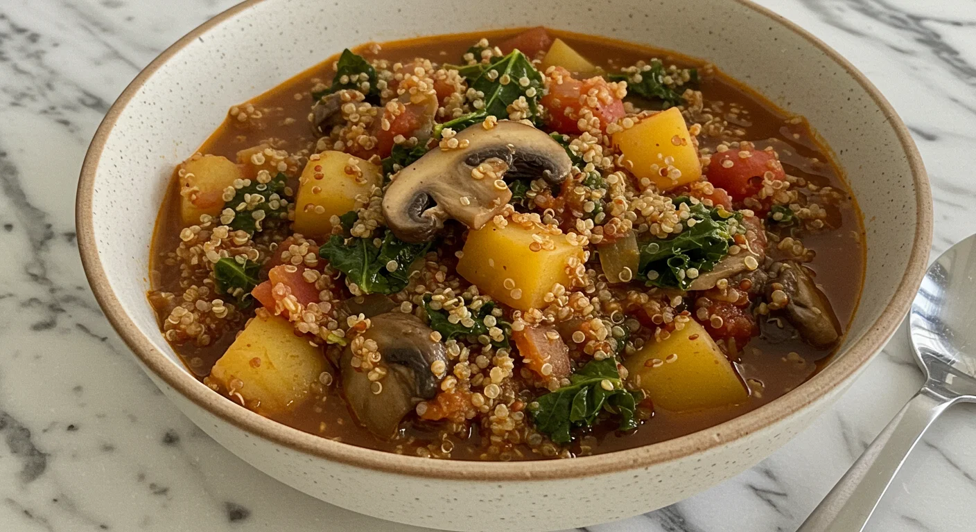 High-Protein Mushroom Stew Close-up of High-Protein Mushroom Stew in a ceramic bowl with mushrooms, kale, and potatoes in rich tomato broth, steaming on a rustic table.