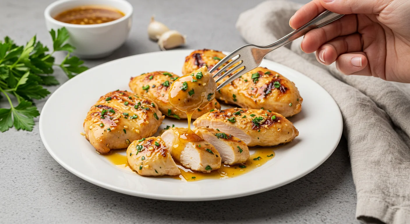 High-Protein Honey-Garlic Chicken Tenderloins A hand holding a fork picking up a honey-garlic chicken tenderloin from a white plate, with sauce drizzle, parsley garnish, and a minimalist elegant background.