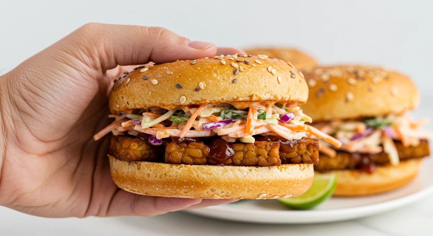 High-Protein BBQ Tempeh Sandwich Hand holding a BBQ tempeh sandwich with slaw and a seeded bun, with extra sandwiches on a plate in a well-lit background.