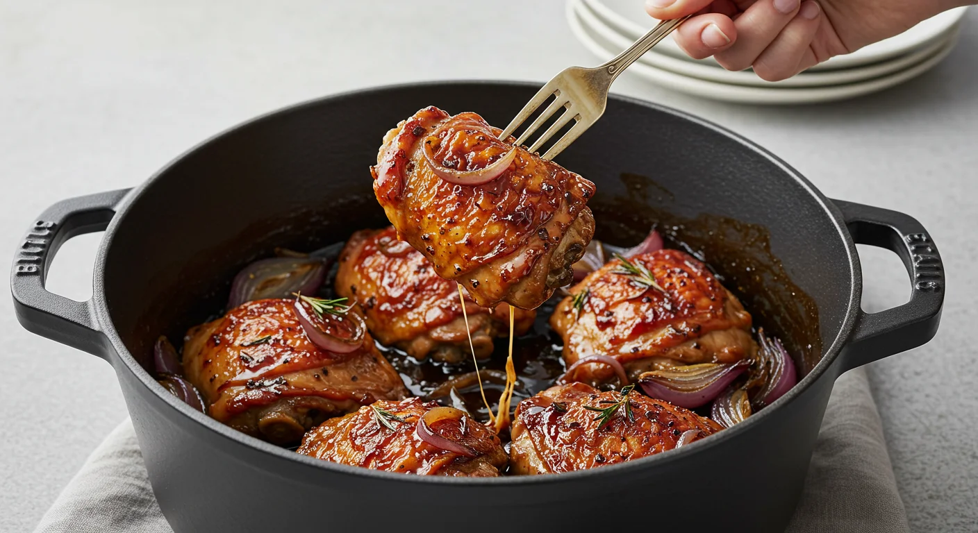 High-Protein Balsamic Chicken Thighs Hand lifting a balsamic chicken thigh with a fork from a classy enameled pot, filled with caramelized onions and juicy glazed chicken.