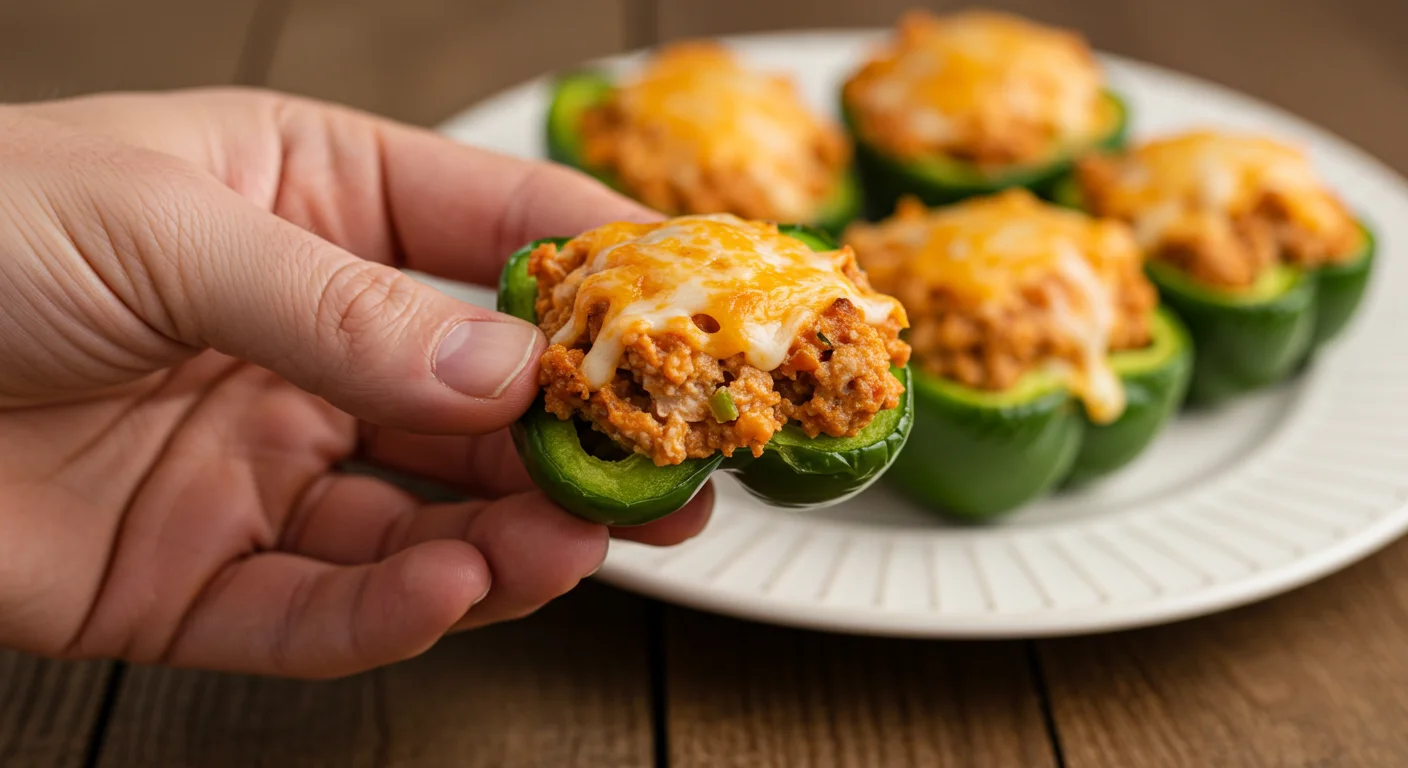One-Point WW Ground Chicken Stuffed Peppers Hand holding a stuffed pepper with melted cheese and filling, with remaining peppers on a classy plate on a wooden table in soft lighting.
