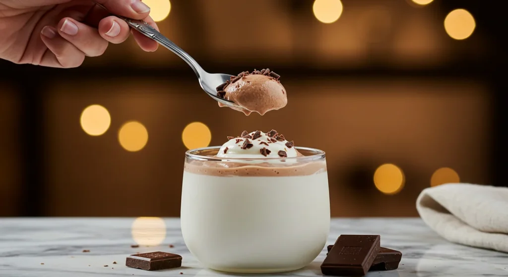 Keto Chocolate Frosty Hand holding a spoon with Keto Chocolate Frosty above a white plate, styled with chocolate shavings and whipped cream.
