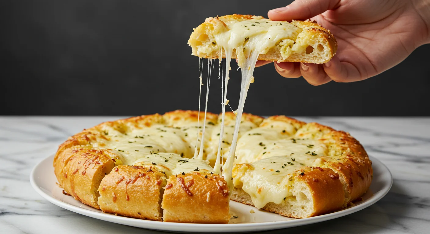 Cheesy Keto Garlic Bread A hand holding a slice of cheesy keto garlic bread with melted cheese stretching to a plate on a marble counter.