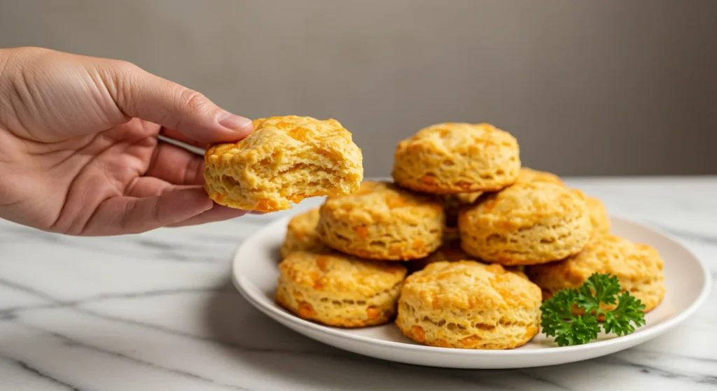 Keto Cheddar Biscuits Hand holding a golden keto cheddar biscuit, with more biscuits on a white plate on a marble countertop.