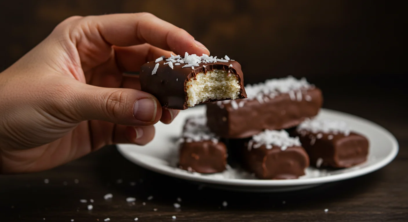 Keto Bounty Bars Hand holding a keto bounty bar with a bite taken out, classy plate with more bars in the background on a wooden table.