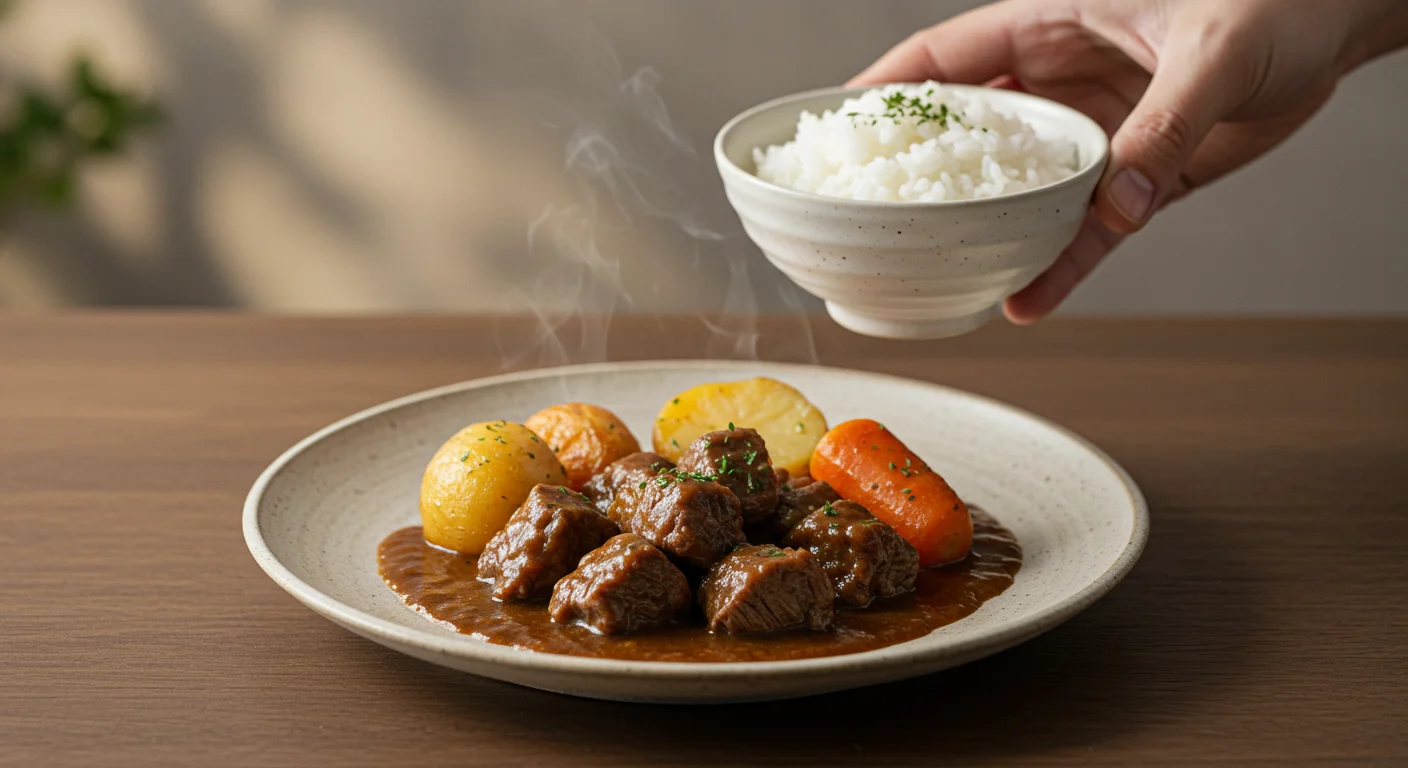 WW Beef Stew WW beef stew on a ceramic plate with beef, vegetables, and broth, as a hand holds a bowl of rice against a blurred background.