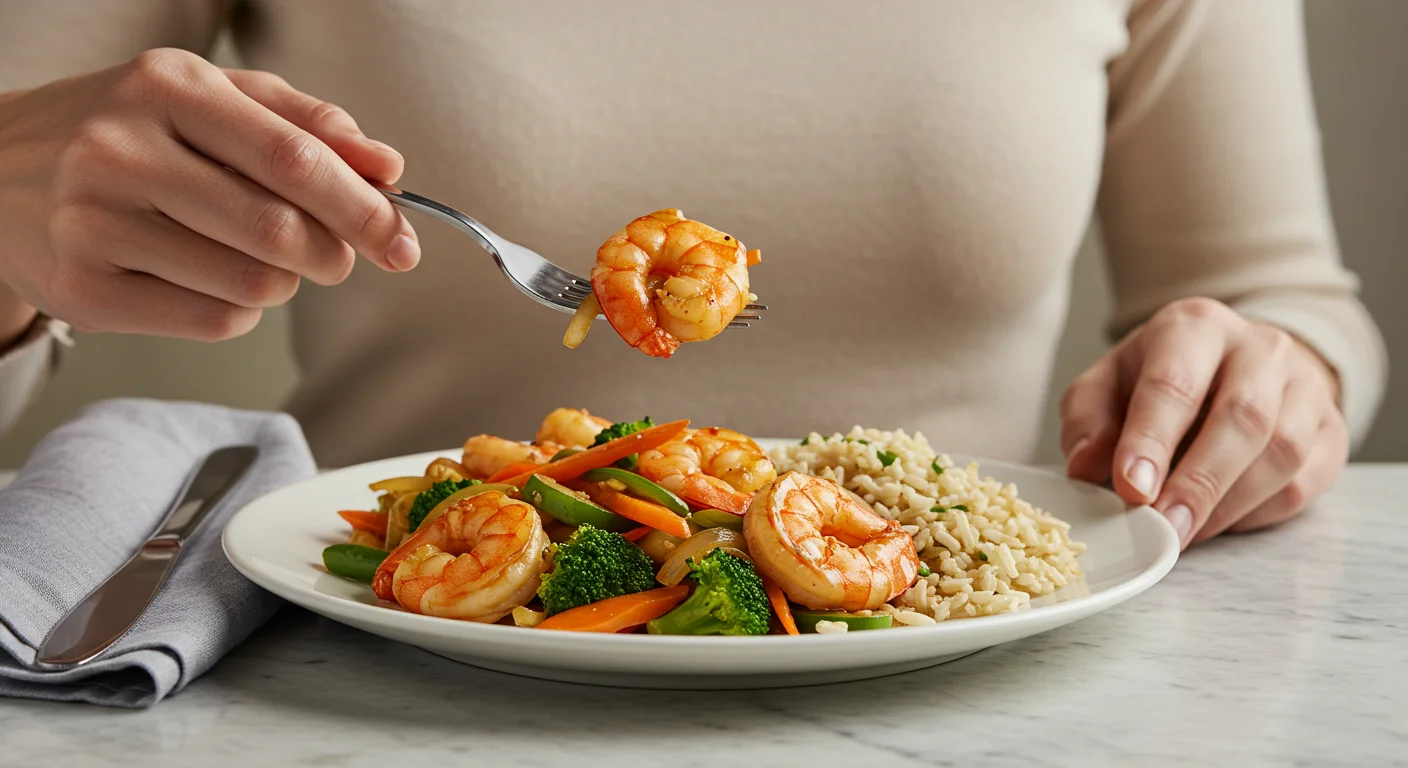 WW Shrimp Stir Fry A hand holding a fork with shrimp and veggies from a plated WW Shrimp Stir Fry in a bright setting.
