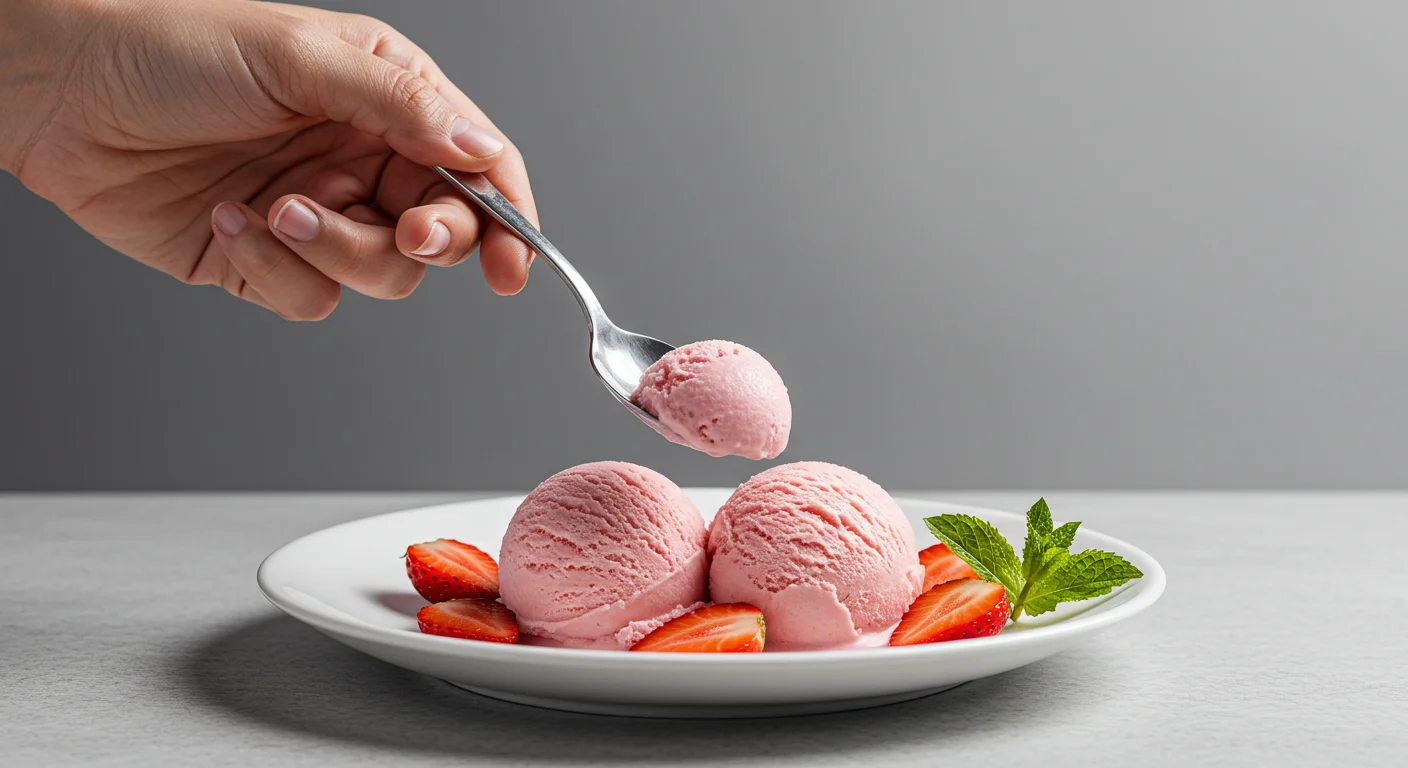 WW Zero Point Strawberry Ice Cream Hand holding a spoon of pink WW Zero Point Strawberry Ice Cream over a white plate garnished with strawberries and mint leaves.