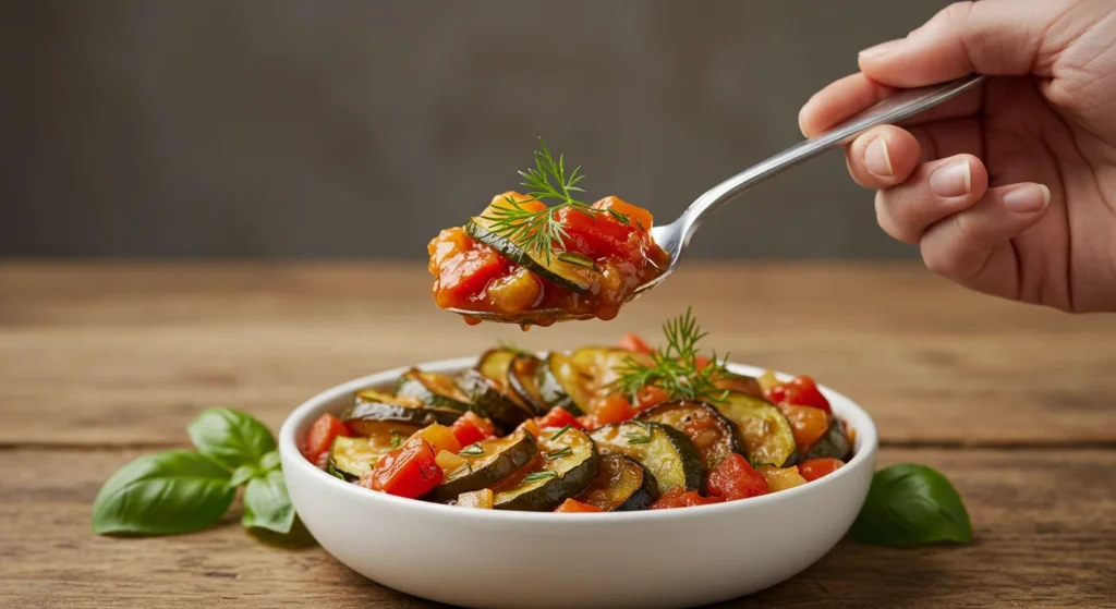 WW Zero Point Ratatouille Close-up of a hand holding a spoon of ratatouille, served in a white bowl with basil garnish on a wooden table, softly lit for a clean look.