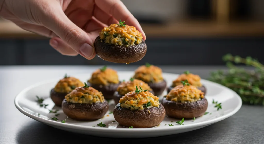 WW Stuffed Mushrooms A hand holding a stuffed mushroom above a white plate of roasted mushrooms, with a blurred kitchen background.