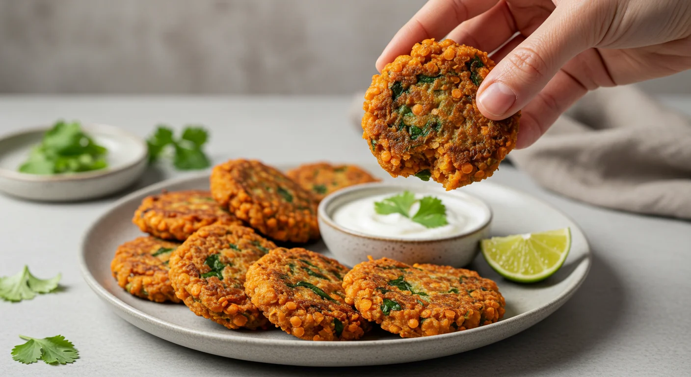 high-protein Red Lentil Fritters Hand holding a crispy lentil fritter, with more fritters on a classy plate and yogurt sauce in a blurred background.