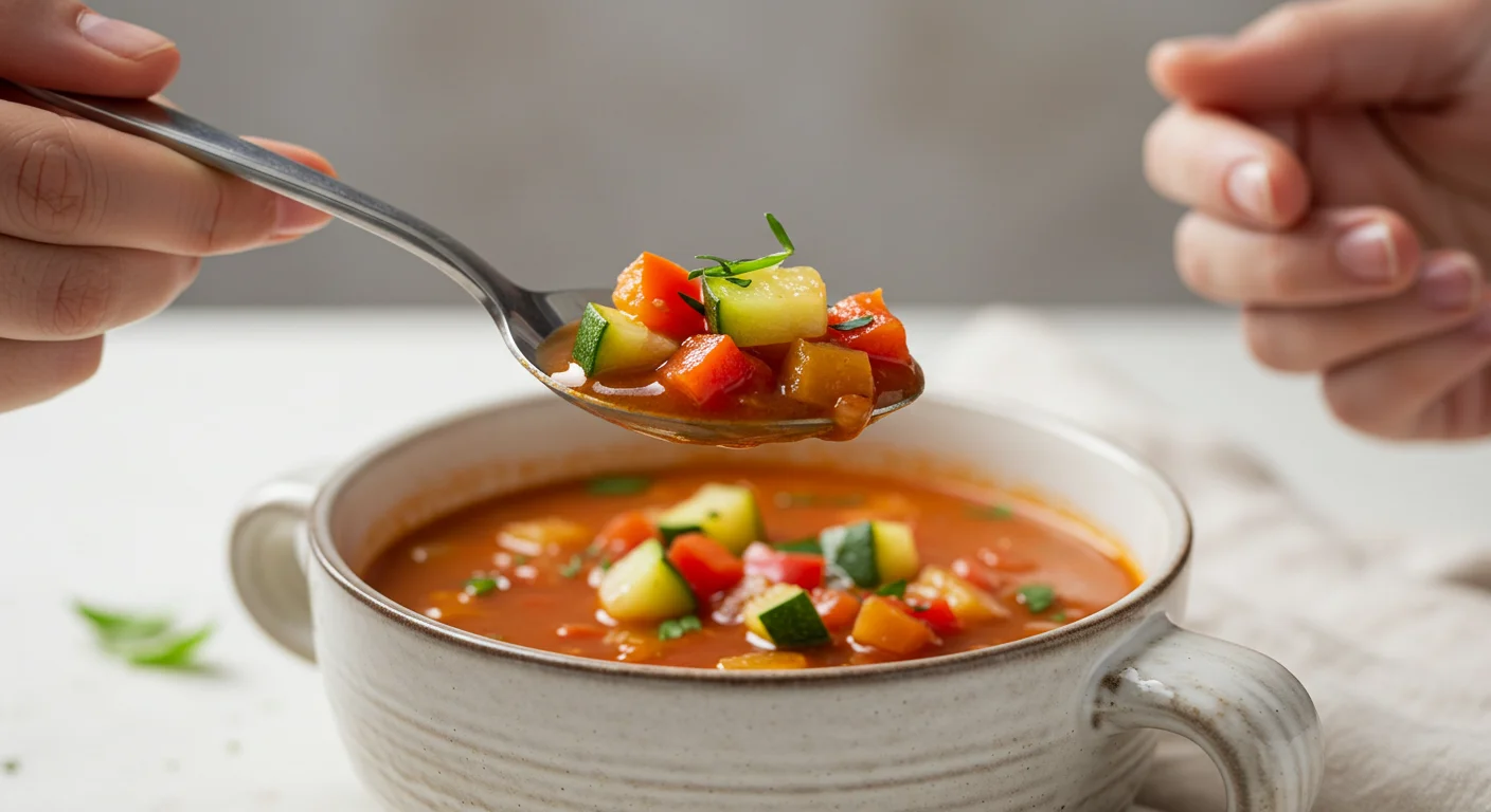 WW Veggie Soup Hand holding a spoonful of WW Veggie Soup above a ceramic bowl with zucchini, peppers, and herbs, styled elegantly on a white tablecloth.