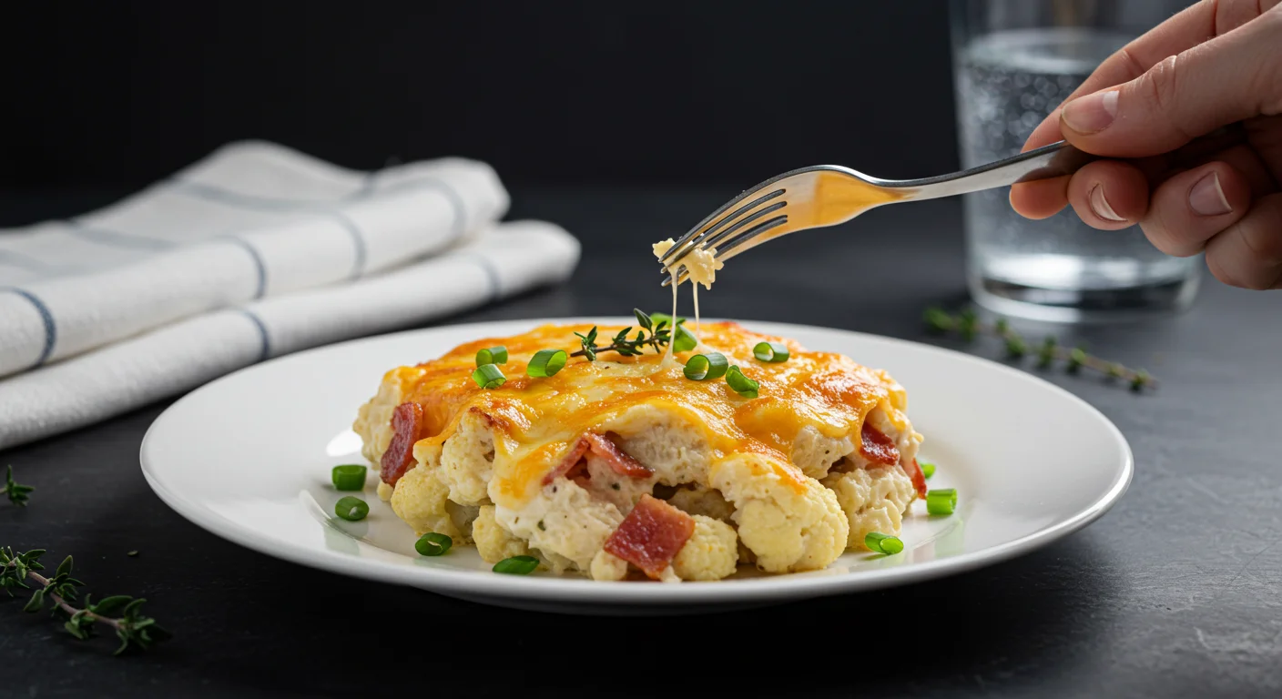 Keto Creamy Chicken, Bacon & Cauliflower Bake Plated keto creamy chicken, bacon, and cauliflower bake garnished with green onions, with a hand holding a fork above the dish on a clean, minimal setup.