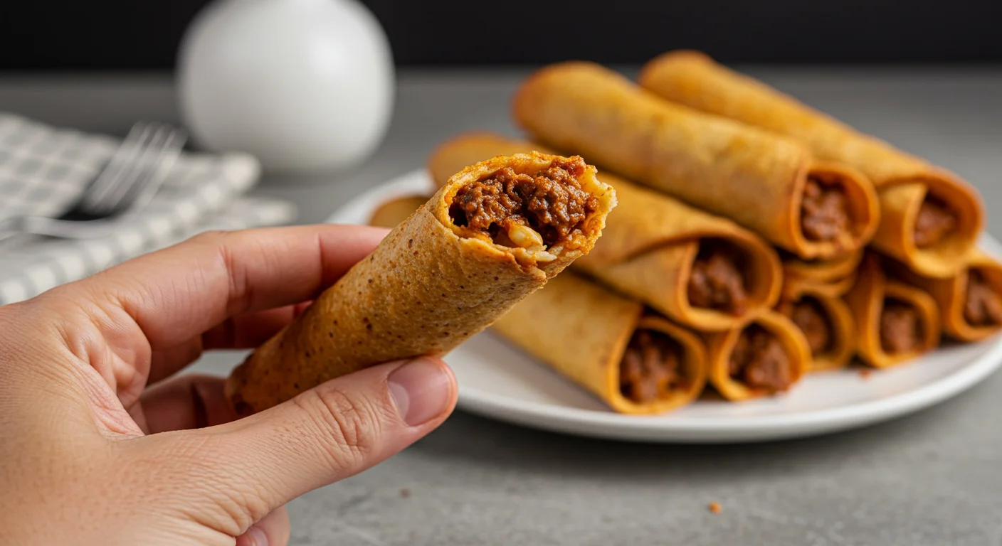 Keto Beef Taquitos Hand holding a crispy keto beef taquito, with spiced beef filling visible, and more taquitos on a classy plate in the blurred background.