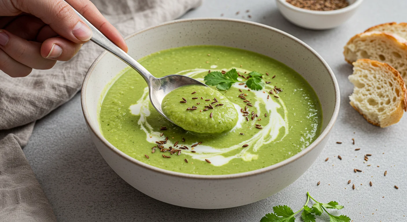 WW Zucchini Soup Hand holding a spoon dipping into a bowl of WW zucchini soup, garnished with yogurt, coriander, and cumin seeds, styled on a gray surface with bread.
