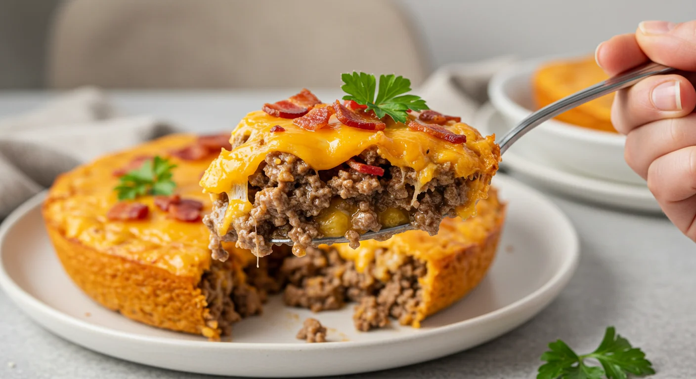Keto Hamburger Bake Cheeseburger Casserole Hand holding a slice of keto cheeseburger casserole with the rest plated on a white dish, garnished with parsley in a cozy setting.