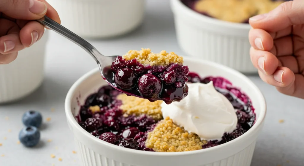 Low Carb Blueberry Cobbler Hand holding a spoonful of Low Carb Blueberry Cobbler over a white bowl with a golden topping and blueberry filling, styled elegantly with soft lighting.