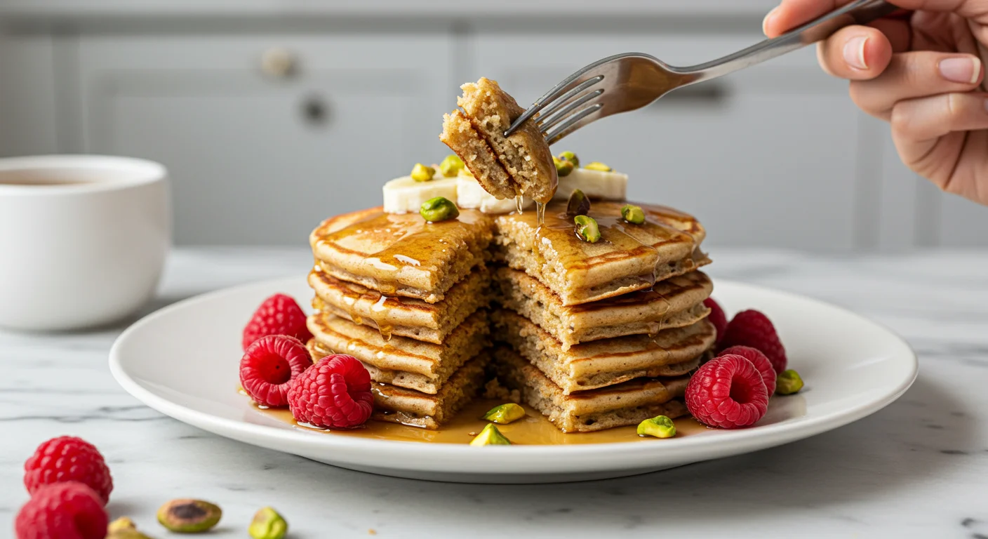 Keto Pancakes Hand holding a fork with a bite of keto pancakes over a white plate with raspberries and pistachios on a marble table.
