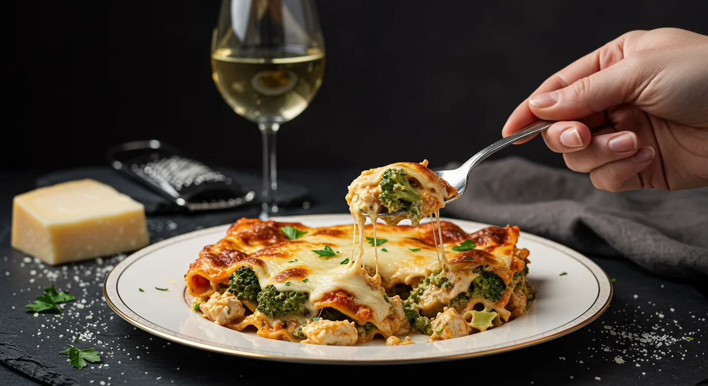 Cheesy Chicken Broccoli Lasagna Hand holding a spoon of cheesy chicken broccoli lasagna from a white plate garnished with parsley and Parmesan.