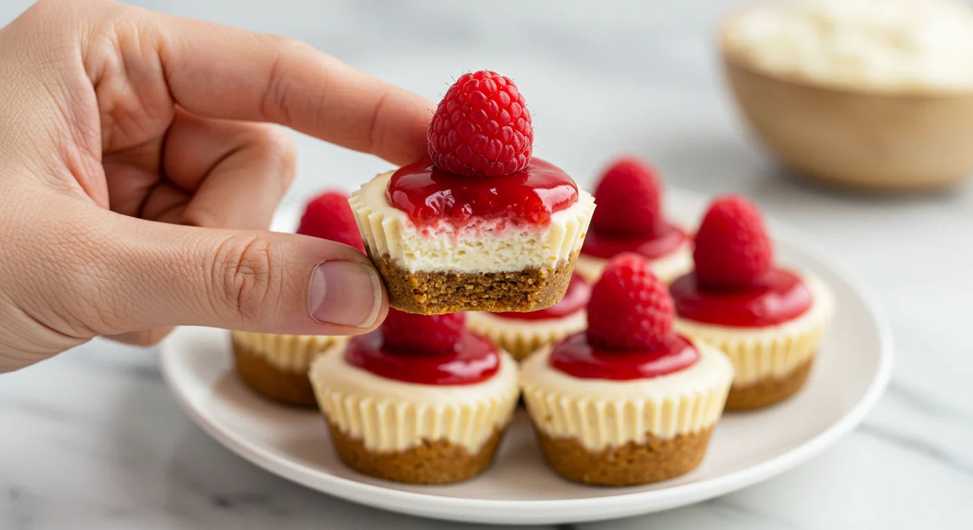 Keto Raspberry Cheesecake Bites Hand holding a Keto Raspberry Cheesecake Bite with a layered crust, creamy filling, and raspberry topping, with more bites on a classy plate in the background.