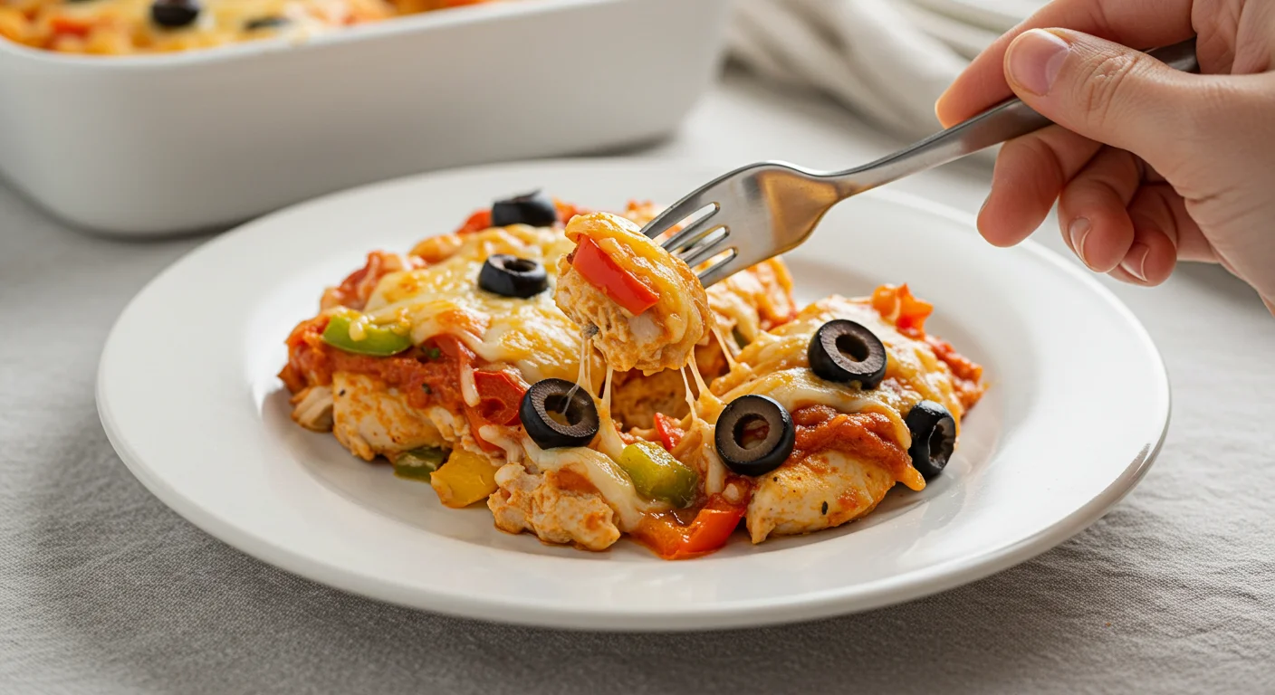 Keto Chicken Pizza Casserole Keto Chicken Pizza Casserole served on a white ceramic plate, showing layers of chicken, cheese, bell peppers, and olives, with a hand holding a fork poised to take a bite, set on a gray textured tablecloth with soft, elegant lighting.