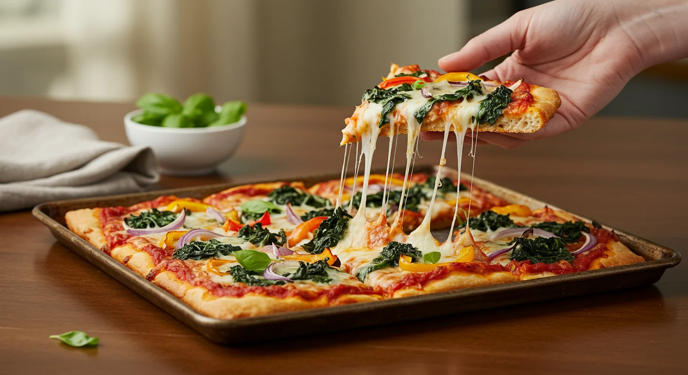 Crispy Sheet Pan Pizza Hand holding a slice of crispy sheet pan pizza with gooey cheese stretching, while the rest sits on a stylish plate with basil and a napkin nearby.