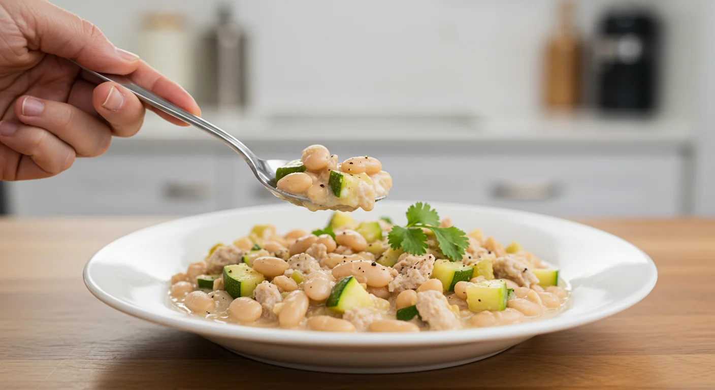 High-Protein White Turkey Chili A hand scooping white turkey chili from a classy white plate, garnished with pepper and cilantro.