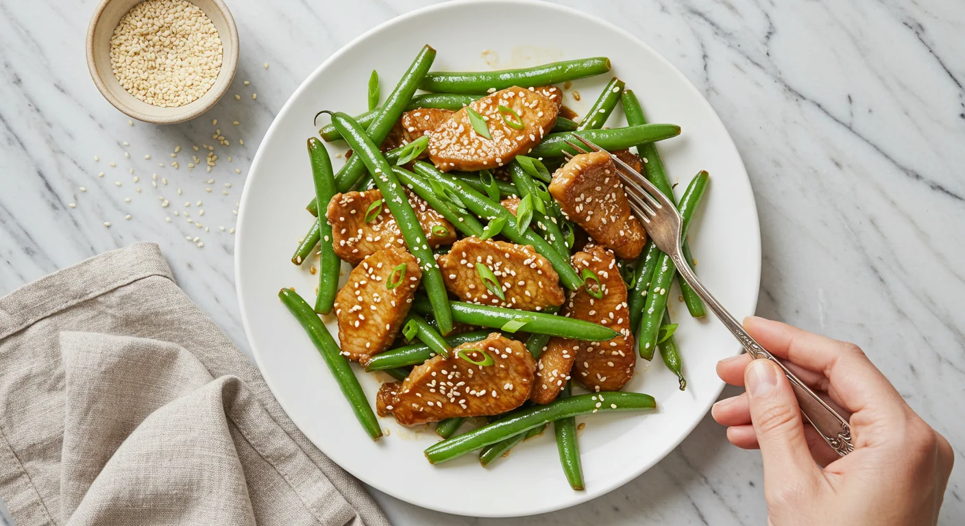 High-Protein Pork Stir-Fry Elegant plate of pork and green bean stir-fry garnished with sesame seeds and scallions, with a hand holding a fork on a marble surface with subtle props.