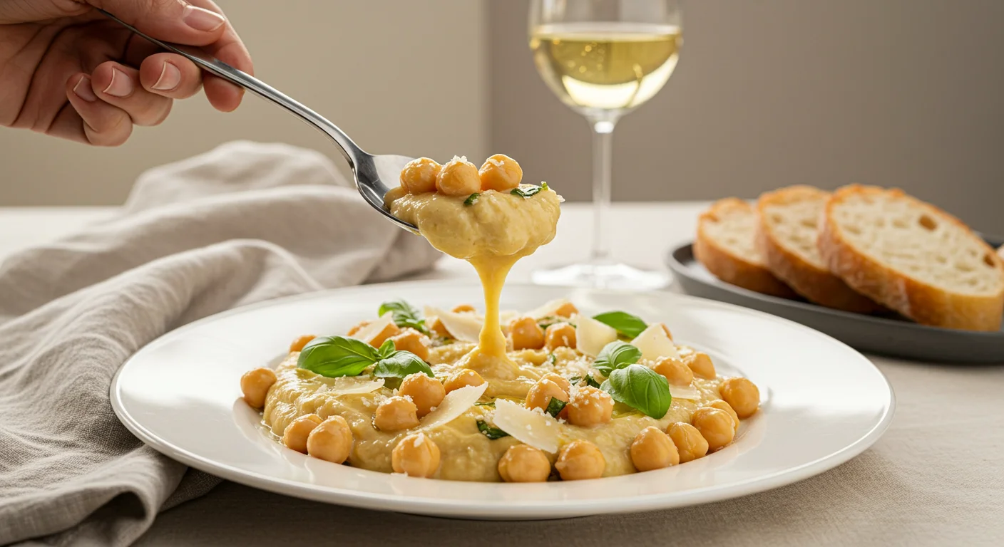 High-Protein Chickpea Hand holding a spoon of creamy Marry Me Chickpeas over a white plate garnished with basil, Parmesan, and olive oil, with wine and bread in the background.