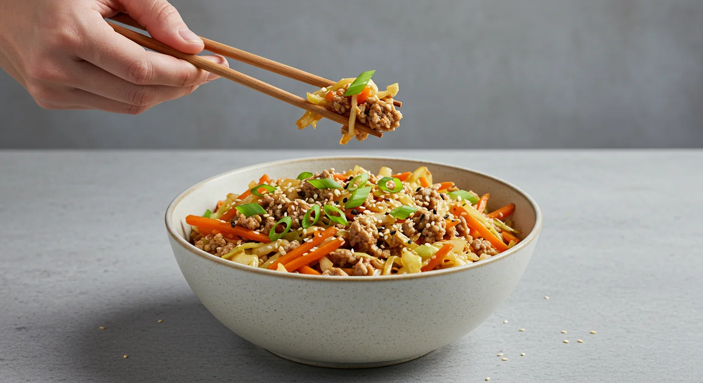 High-Protein Egg Roll Bowls High-Protein Egg Roll Bowl with pork, cabbage, and scallions in a ceramic bowl, with a hand lifting a bite using wooden chopsticks against a clean background.