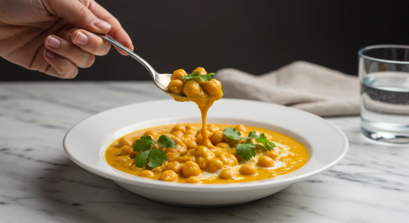 High-Protein Butter Chickpeas Elegant plate of High-Protein Butter Chickpeas with a hand holding a spoon, garnished with cilantro on a marble countertop.