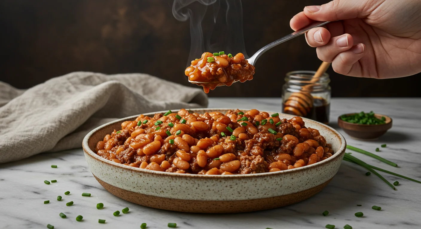 High-Protein Baked Beans with Ground Beef A hand holding a spoon of baked beans with ground beef, served in a ceramic plate with steam rising, on a rustic table with moody lighting.