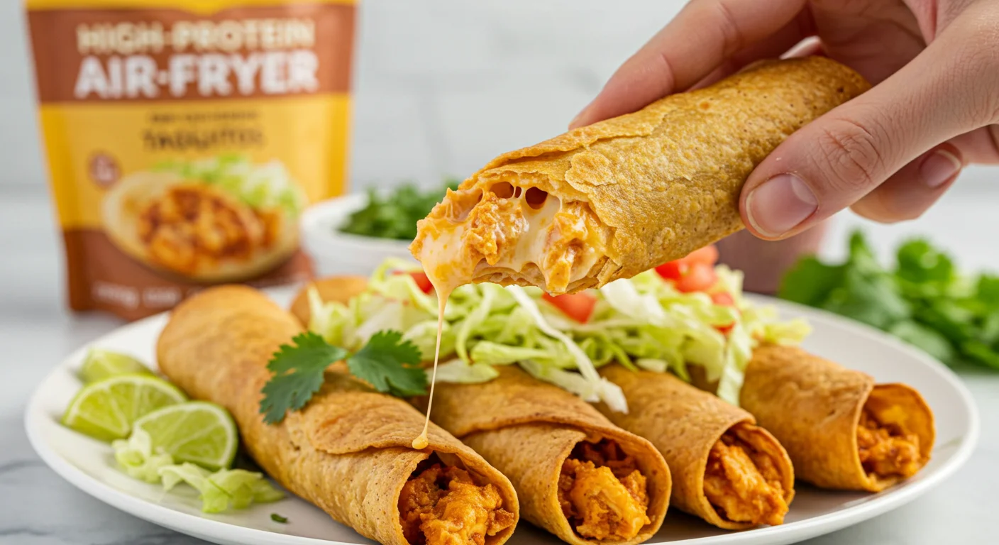 High-Protein Air-Fryer Chicken Taquitos Close-up of a hand holding a crispy chicken taquito with cheese, with a plate of taquitos garnished with cilantro in the background.
