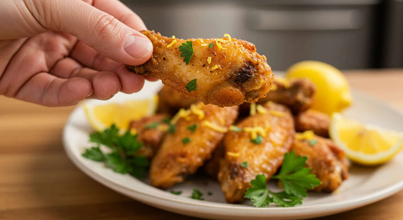 High-Protein Lemon-Pepper Chicken Wings Hand holding a crispy lemon-pepper chicken wing with a plate of wings and lemon wedges in the blurred background, styled elegantly.