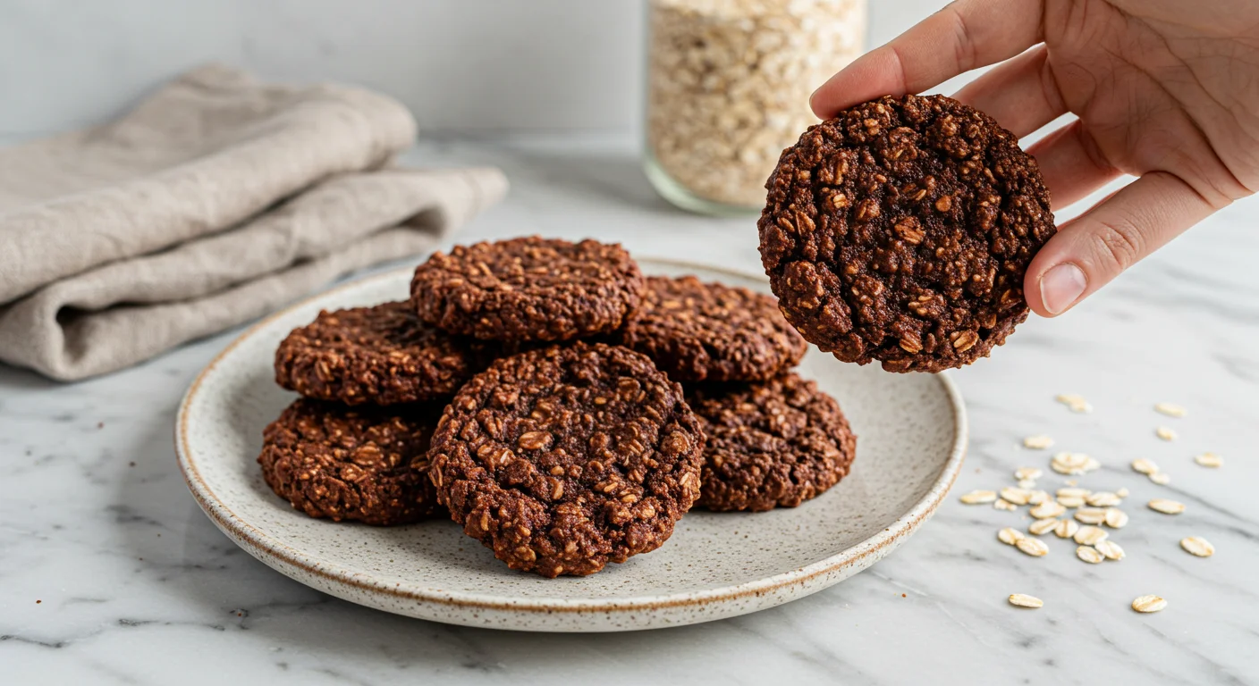 4 Ingredient WW Chocolate Oatmeal Cookies Stacked chocolate oatmeal cookies on a wooden plate, captured in a close-up shot with natural light, showing rich brown color and oat texture.