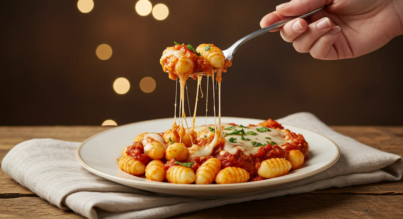 WW Cheesy Gnocchi Casserole A spoonful of WW Cheesy Gnocchi Casserole held over a white plate with gnocchi, marinara, melted cheese, and parsley garnish.