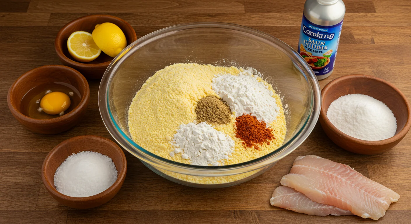 High-Protein Crispy Baked Catfish Glass bowl with cornmeal, flour, Cajun seasoning, and salt, surrounded by catfish fillets, an egg, lemon wedges, and cooking spray on a rustic counter.