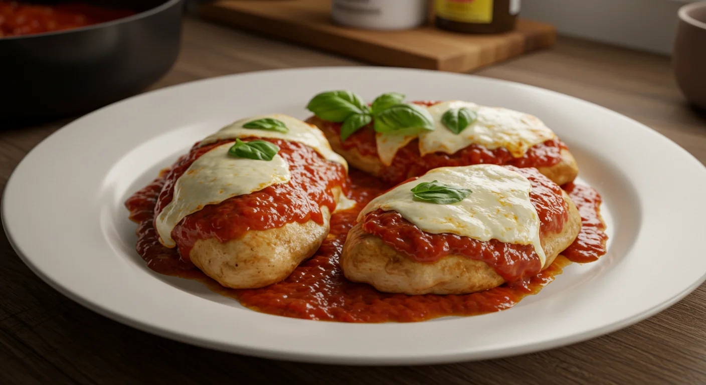 Pizzaiola Chicken Recipe Chicken Pizzaiola on a white plate, topped with marinara sauce, melted mozzarella, and basil, captured with a mobile camera in natural indoor light.