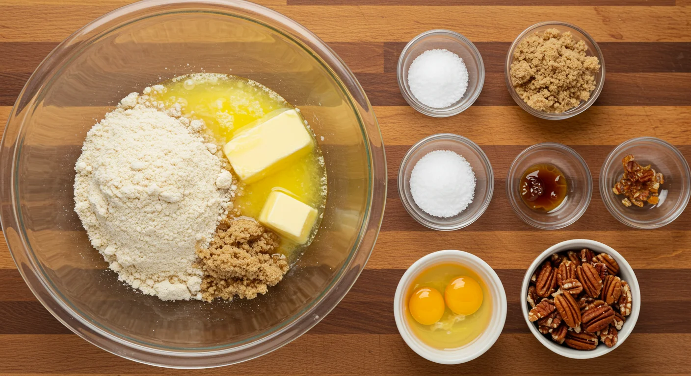 Keto Pecan Pie Keto pecan pie ingredients in a glass bowl on a rustic counter, including almond flour, butter, brown sugar substitute, eggs, and pecans, with soft natural lighting.