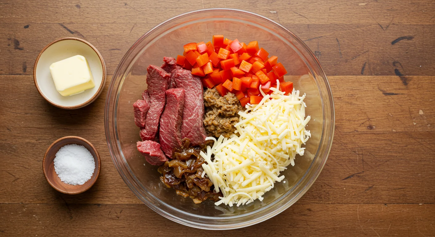 Keto Philly Cheesesteak Sliders Fresh ingredients for Keto Philly Cheesesteak Sliders in a glass bowl, including ribeye steak, provolone, bell peppers, and onions on a rustic counter.
