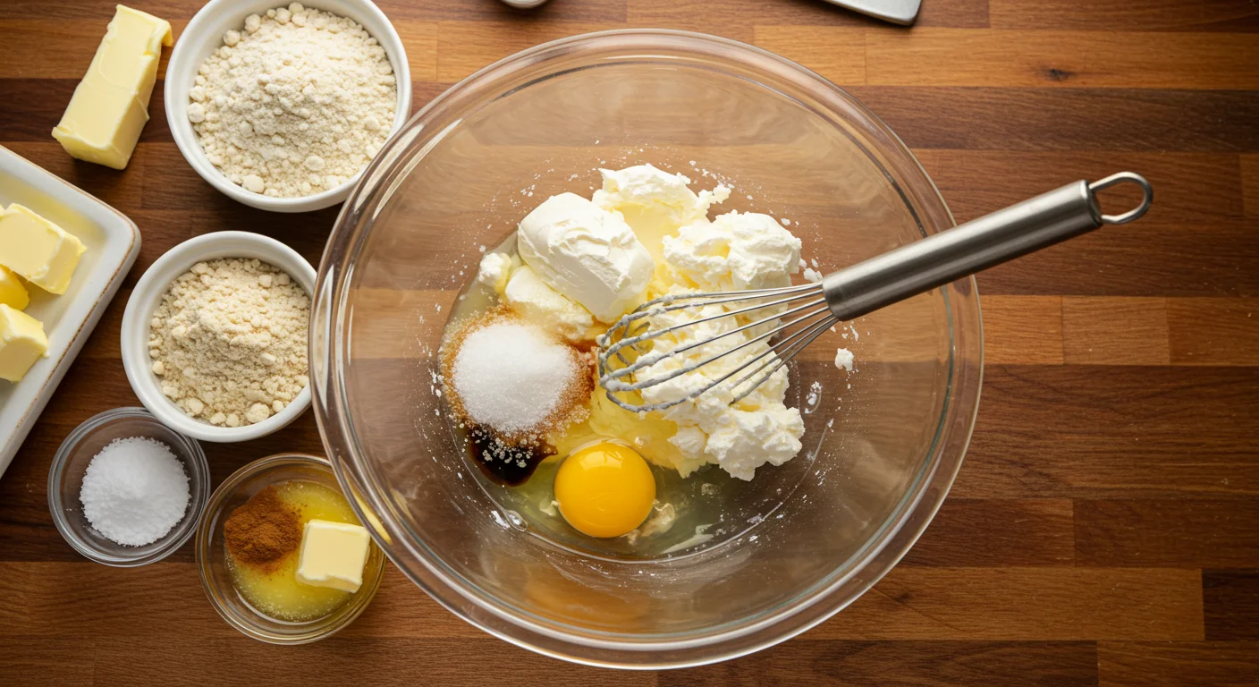 Keto Mini Cheesecakes Keto mini cheesecake ingredients in a glass bowl on a wooden countertop, with small dishes of almond flour, sweetener, cinnamon, butter, and an egg.