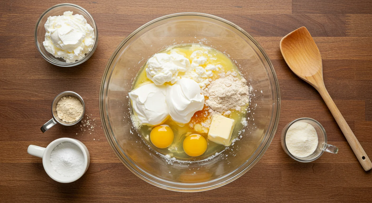 Keto Brioche Keto brioche ingredients in a glass bowl on a wooden countertop, with a spoon and sweetener nearby.