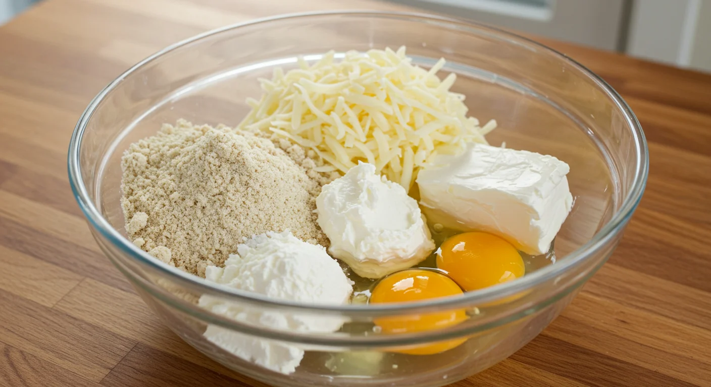 High-Protein Hot Dog Buns
 A glass bowl with keto-friendly ingredients—almond flour, coconut flour, mozzarella, cream cheese, baking powder, and eggs—on a rustic wooden counter with natural lighting.