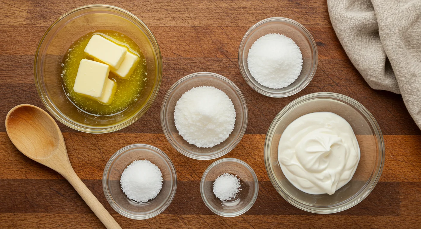 Keto Caramel Sauce Glass bowls with butter, allulose, heavy cream, and salt on a rustic wooden counter, ready for keto caramel sauce.