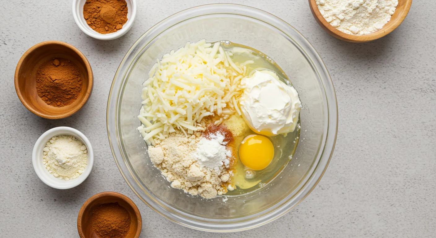 Keto Cinnamon Rolls A glass bowl with shredded mozzarella, cream cheese, almond flour, egg, and baking powder, surrounded by small bowls of cinnamon and sweetener on a kitchen counter.