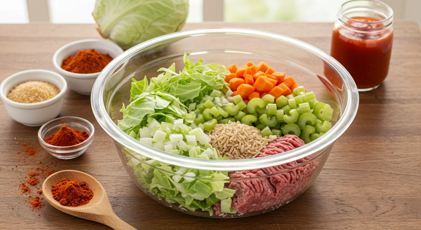 High-Protein Stuffed Cabbage Soup Soup ingredients—cabbage, onions, carrots, celery, ground beef, and rice—in a glass bowl with seasonings nearby on a rustic table.
