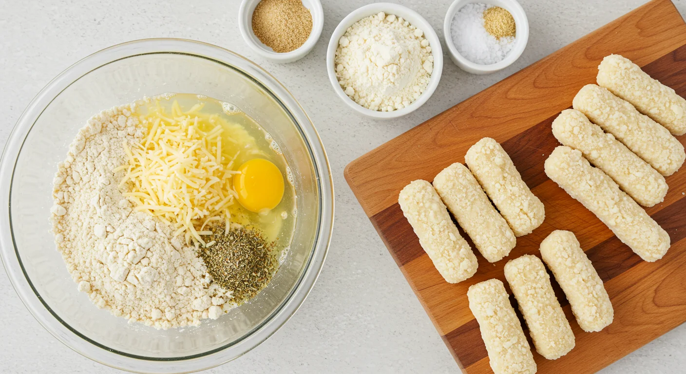 Keto Mozzarella Sticks Keto mozzarella stick ingredients in a glass bowl with almond flour, parmesan, and seasonings. Small bowls with coconut flour, garlic powder, and eggs surround it on a wooden cutting board.